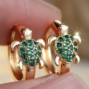 14K Gold Plated Turtle Earrings Green Zircon Mini Hoops Women Jewelry Gift